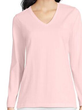 Lands' End 1X Pale Pink V-Neck Long Sleeve Tee - Plus Size/Cotton Knit